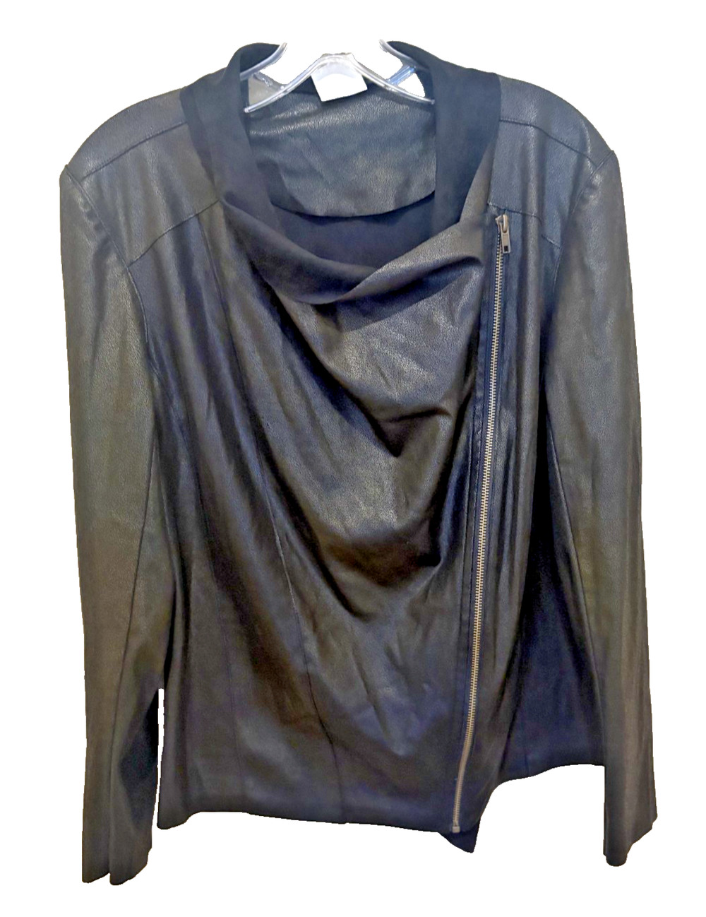 Mote Women's Black Faux Leather Moto Bomber Jacket Asymmetrical Zip L